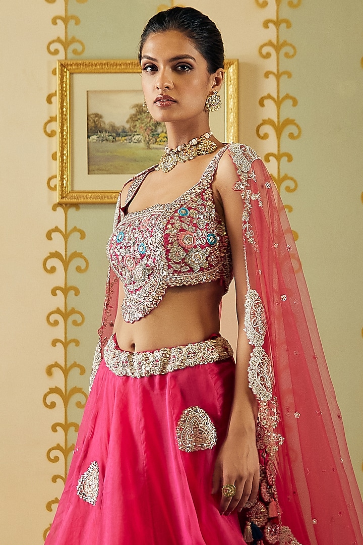 Scarlet Organza Embroidered Wedding Lehenga Set by OSAA By Adarsh at Pernia's Pop Up Shop
