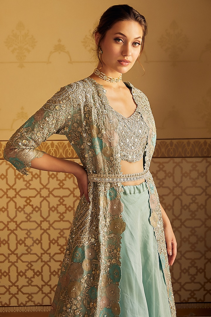 Teal Embroidered Jacket Set by OSAA By Adarsh at Pernia's Pop Up Shop