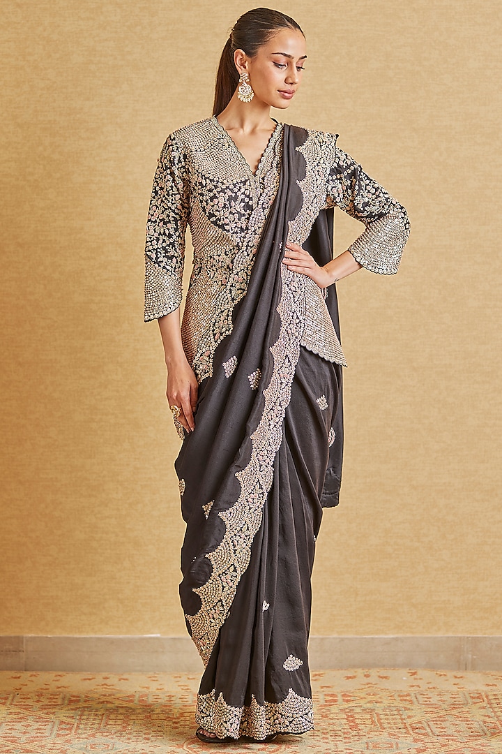 Black Mulberry Silk Embroidered Saree Set by OSAA By Adarsh at Pernia's Pop Up Shop