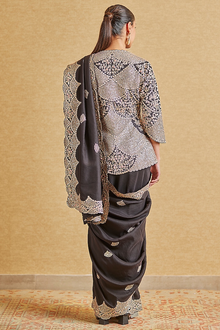 Black Mulberry Silk Embroidered Reception Saree Set by OSAA By Adarsh at Pernia's Pop Up Shop