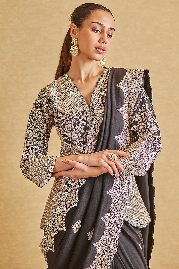 Black Mulberry Silk Embroidered Reception Saree Set by OSAA By Adarsh at Pernia's Pop Up Shop