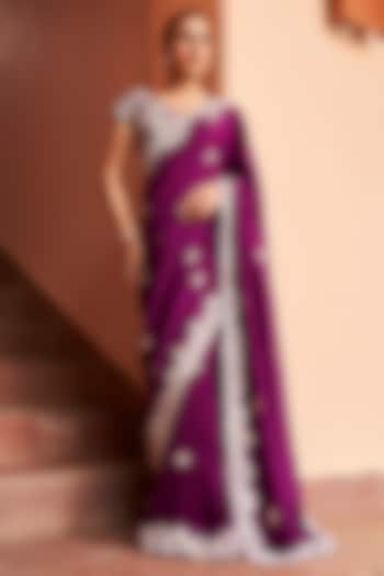 Aubergine Mulberry Silk Embroidered Saree Set by OSAA By Adarsh
