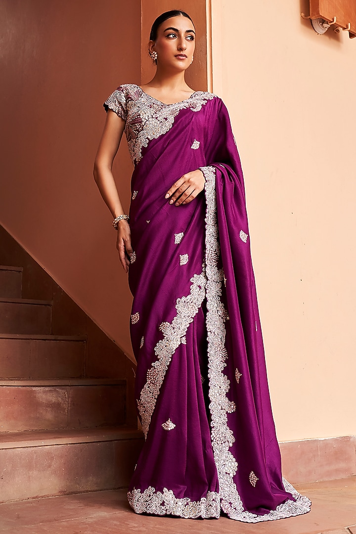 Aubergine Mulberry Silk Embroidered Saree Set by OSAA By Adarsh