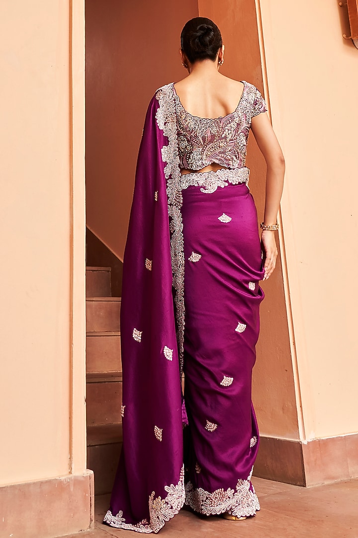 Aubergine Mulberry Silk Embroidered Reception Saree Set by OSAA By Adarsh at Pernia's Pop Up Shop