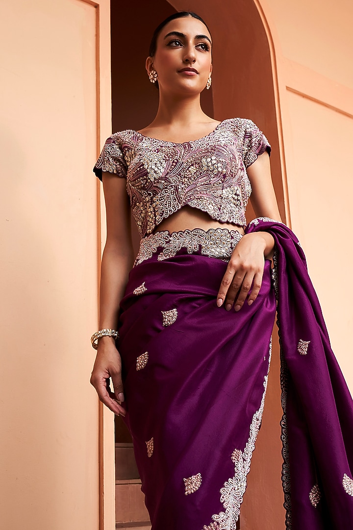 Aubergine Mulberry Silk Embroidered Reception Saree Set by OSAA By Adarsh at Pernia's Pop Up Shop