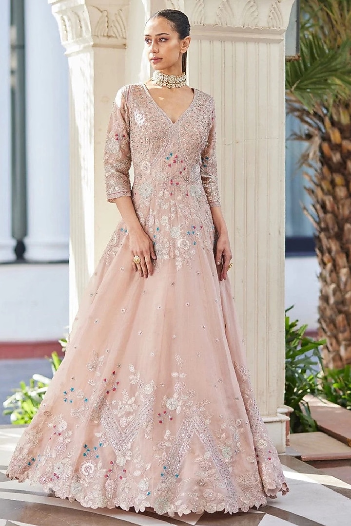 Dusty Rose Organza Embroidered Wedding Gown by OSAA By Adarsh at Pernia's Pop Up Shop