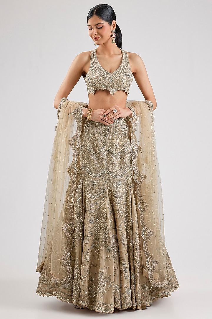 Beige Champagne Tissue Silk Bridal Lehenga Set by Osaa By Adarsh at Pernia's Pop Up Shop