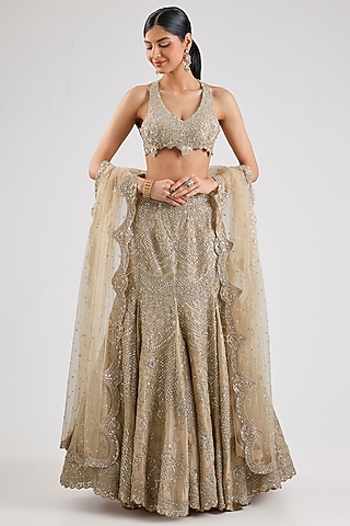 Beige Champagne Tissue Silk Lehenga Set by Osaa By Adarsh