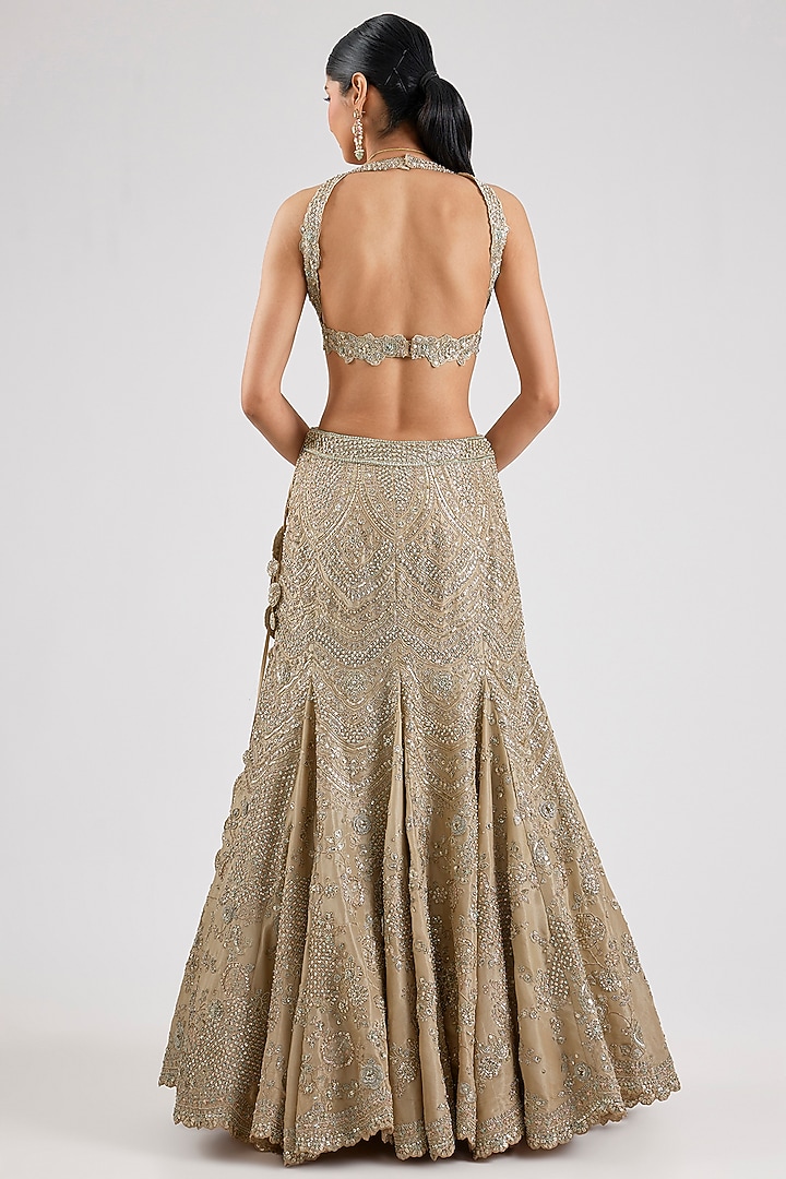 Beige Champagne Tissue Silk Bridal Lehenga Set by Osaa By Adarsh at Pernia's Pop Up Shop