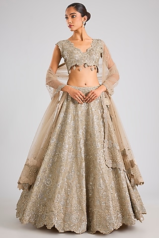 Beige Champagne Tissue Silk Floral Embroidered Handcrafted Lehenga Set by OSAA By Adarsh