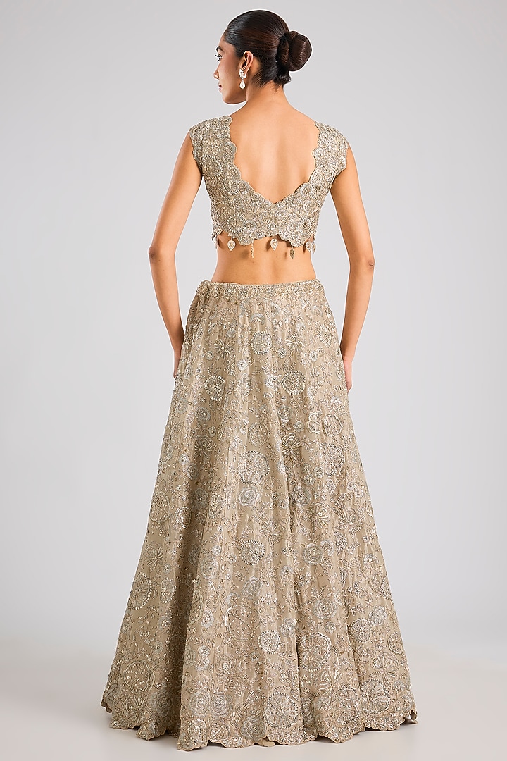 Beige Champagne Tissue Silk Floral Embroidered Handcrafted Bridal Lehenga Set by OSAA By Adarsh at Pernia's Pop Up Shop