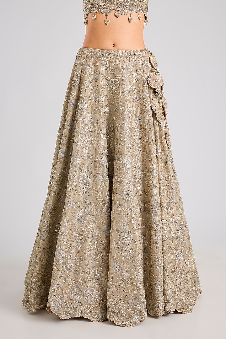 Beige Champagne Tissue Silk Floral Embroidered Handcrafted Bridal Lehenga Set by OSAA By Adarsh at Pernia's Pop Up Shop