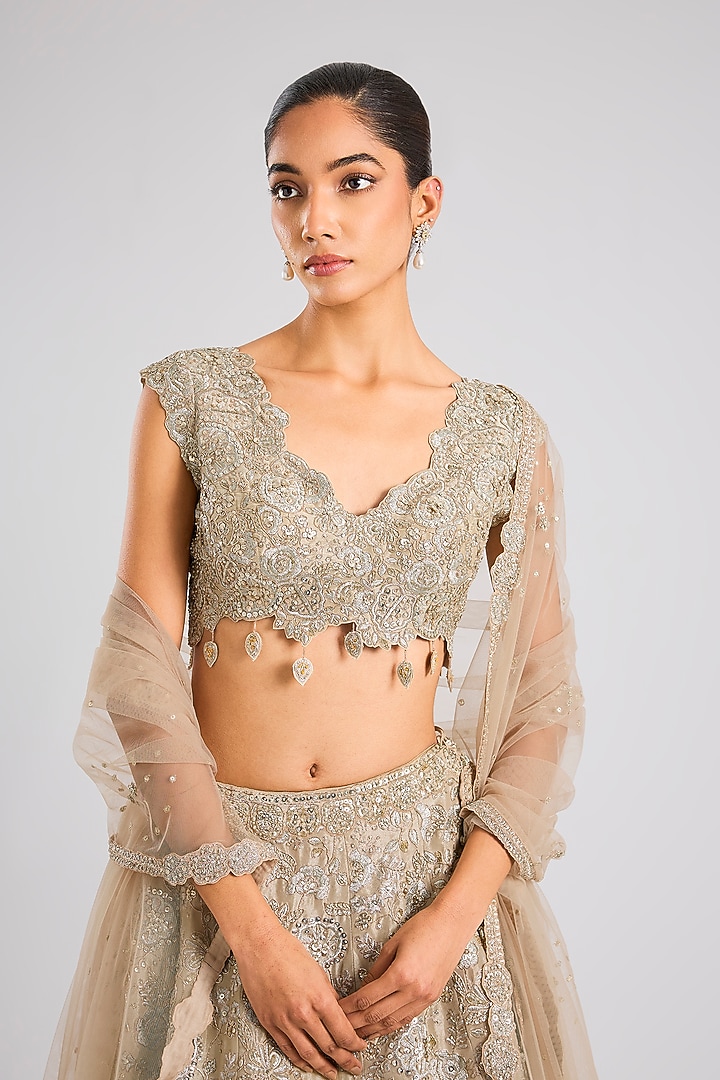 Beige Champagne Tissue Silk Floral Embroidered Handcrafted Bridal Lehenga Set by OSAA By Adarsh at Pernia's Pop Up Shop