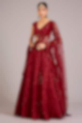 Rosewood Red Organza Thread Handcrafted Bridal Lehenga Set by OSAA By Adarsh at Pernia's Pop Up Shop