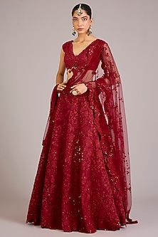 Rosewood Red Organza Thread Handcrafted Lehenga Set by OSAA By Adarsh-POPULAR PRODUCTS AT STORE
