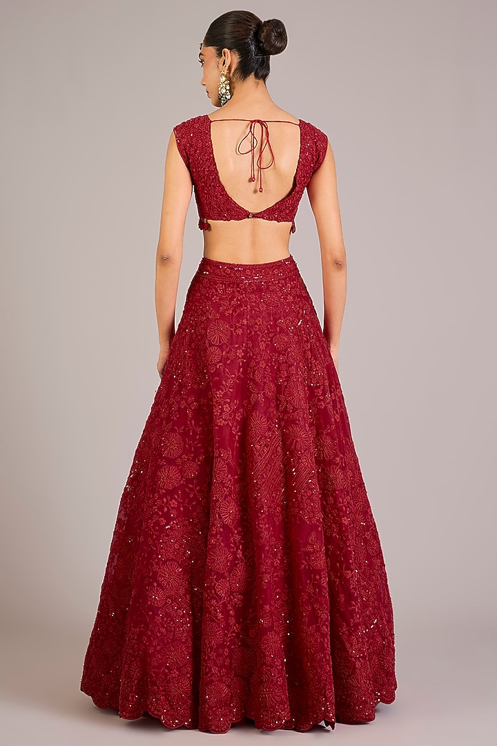 Rosewood Red Organza Thread Handcrafted Bridal Lehenga Set by OSAA By Adarsh at Pernia's Pop Up Shop