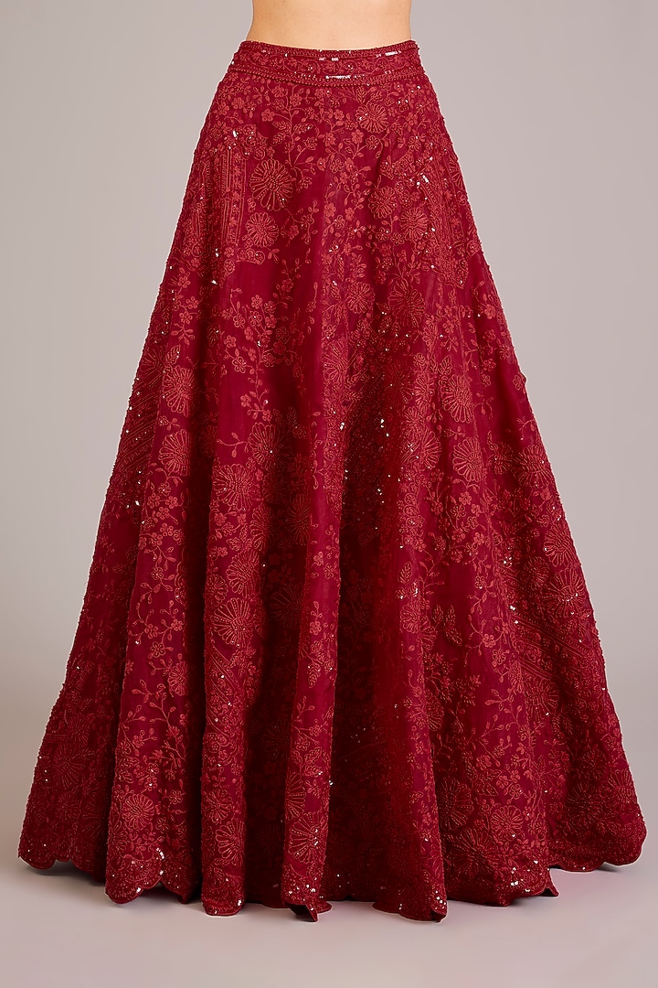 Rosewood Red Organza Thread Handcrafted Bridal Lehenga Set by OSAA By Adarsh at Pernia's Pop Up Shop