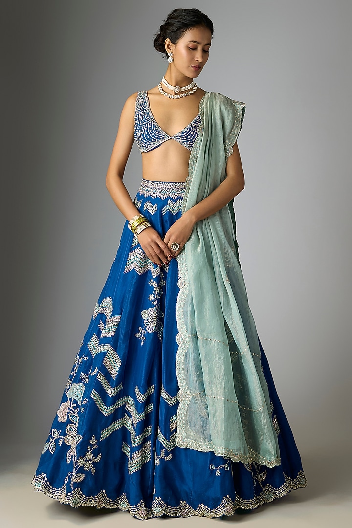 Blue Berry Fuchsia Organza Embroidered Bridal Lehenga Set by OSAA By Adarsh at Pernia's Pop Up Shop
