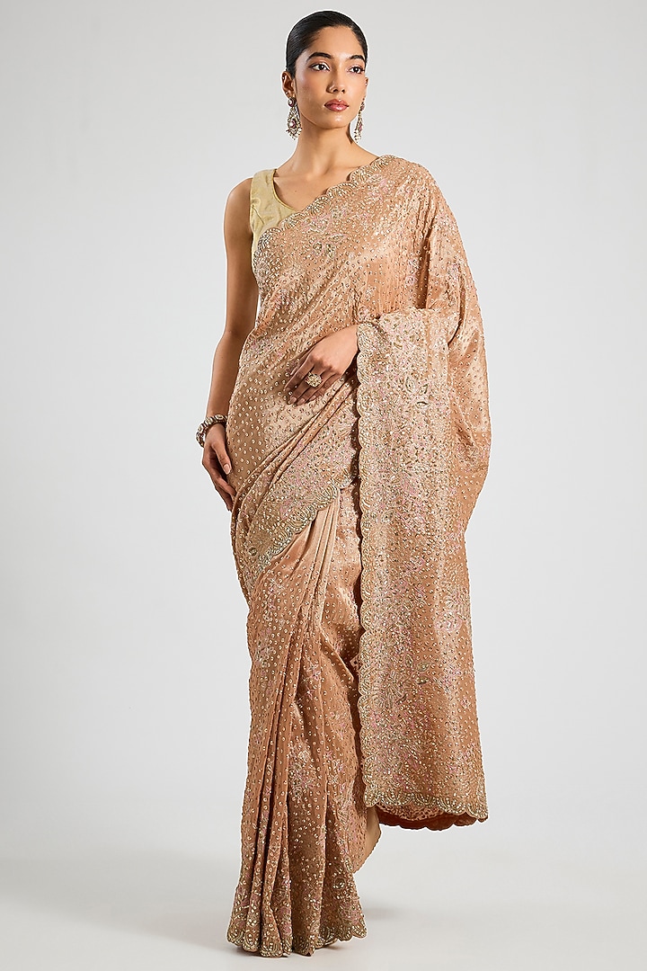 Caramel Taupe Tissue Silk Aari Embroidered Reception Saree Set by OSAA By Adarsh at Pernia's Pop Up Shop