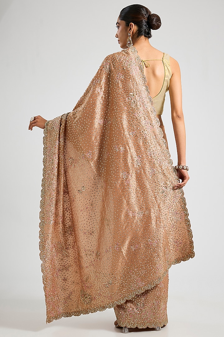 Caramel Taupe Tissue Silk Aari Embroidered Reception Saree Set by OSAA By Adarsh at Pernia's Pop Up Shop