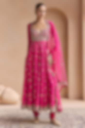 Scarlet Pink Mulberry Silk Zardosi Embroidered Anarkali Set by OSAA By Adarsh at Pernia's Pop Up Shop