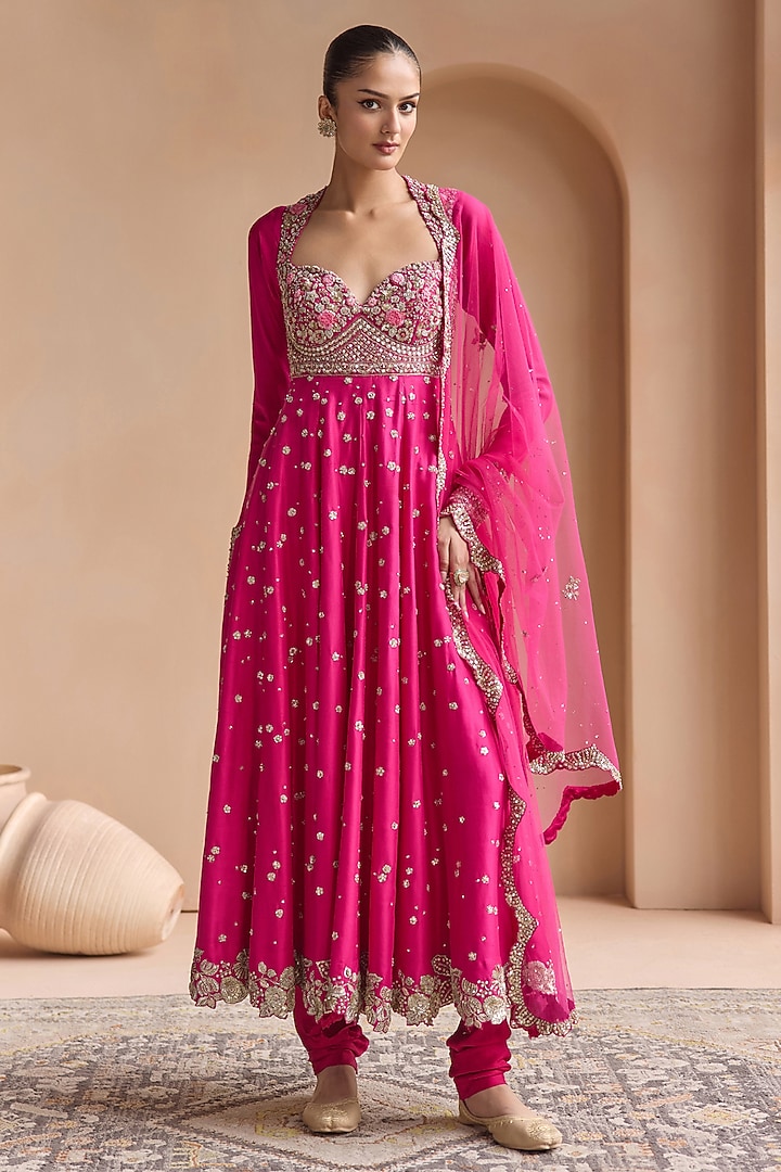 Scarlet Pink Mulberry Silk Zardosi Embroidered Anarkali Set by OSAA By Adarsh at Pernia's Pop Up Shop