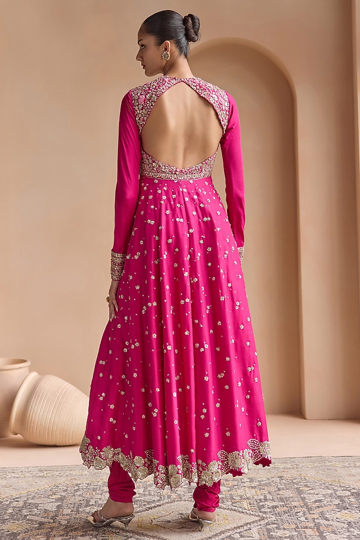 Scarlet Pink Mulberry Silk Zardosi Embroidered Anarkali Set by OSAA By Adarsh at Pernia's Pop Up Shop