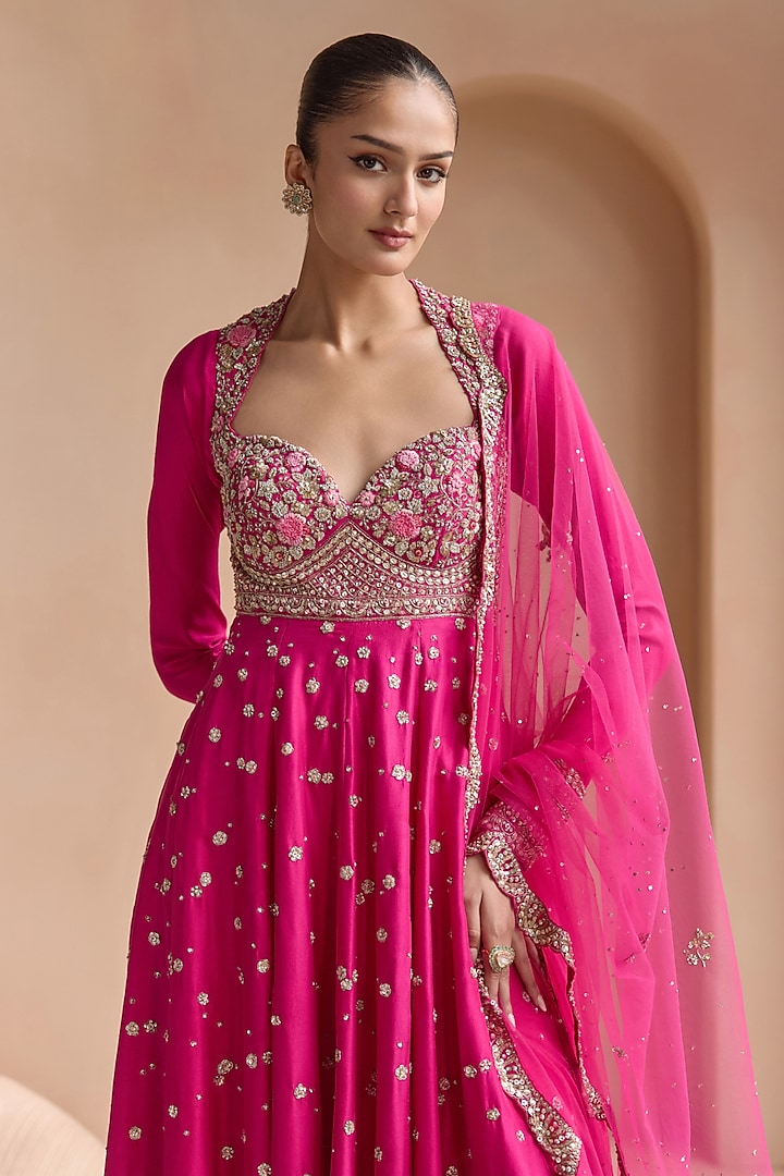 Scarlet Pink Mulberry Silk Zardosi Embroidered Anarkali Set by OSAA By Adarsh at Pernia's Pop Up Shop