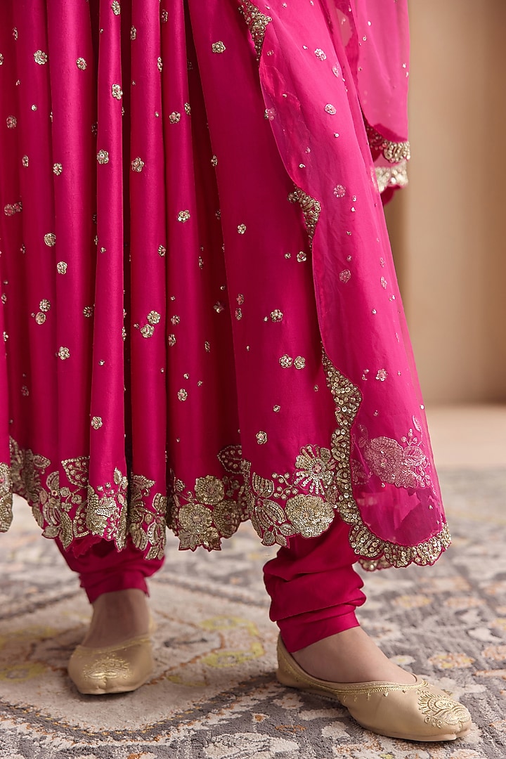 Scarlet Pink Mulberry Silk Zardosi Embroidered Anarkali Set by OSAA By Adarsh at Pernia's Pop Up Shop