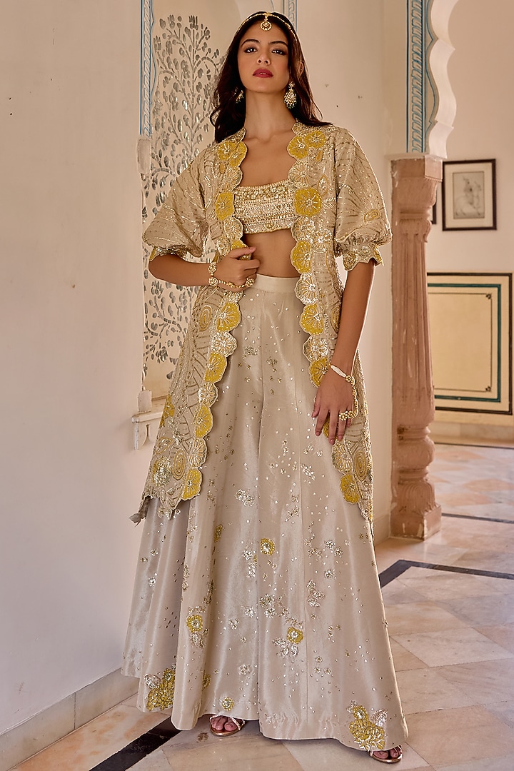 Frost Champagne Tissue Silk Zardosi Hand Embroidered Jacket Set by OSAA By Adarsh at Pernia's Pop Up Shop