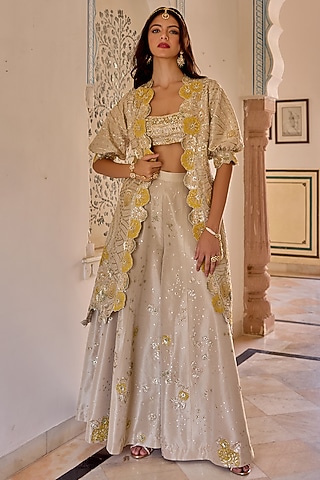 Frost Champagne Tissue Silk Zardosi Hand Embroidered Jacket Set by OSAA By Adarsh