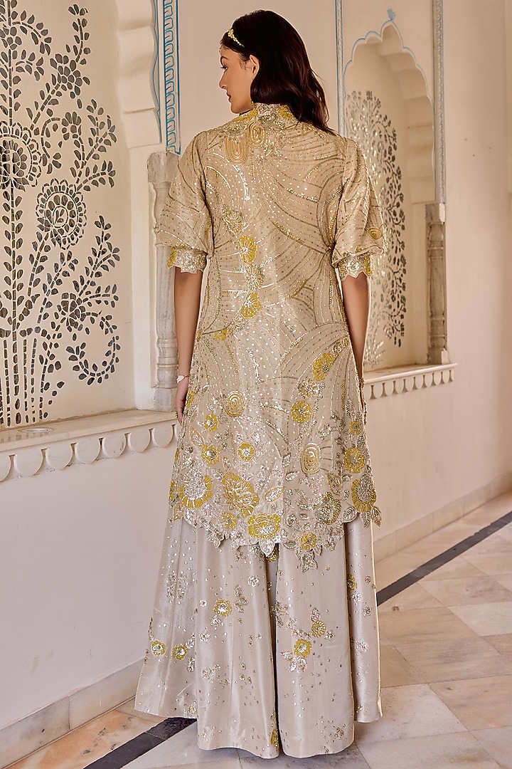 Frost Champagne Tissue Silk Zardosi Hand Embroidered Jacket Set by OSAA By Adarsh at Pernia's Pop Up Shop