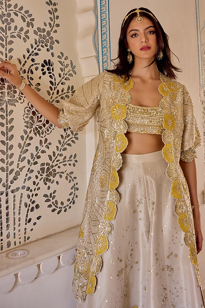 Frost Champagne Tissue Silk Zardosi Hand Embroidered Jacket Set by OSAA By Adarsh at Pernia's Pop Up Shop