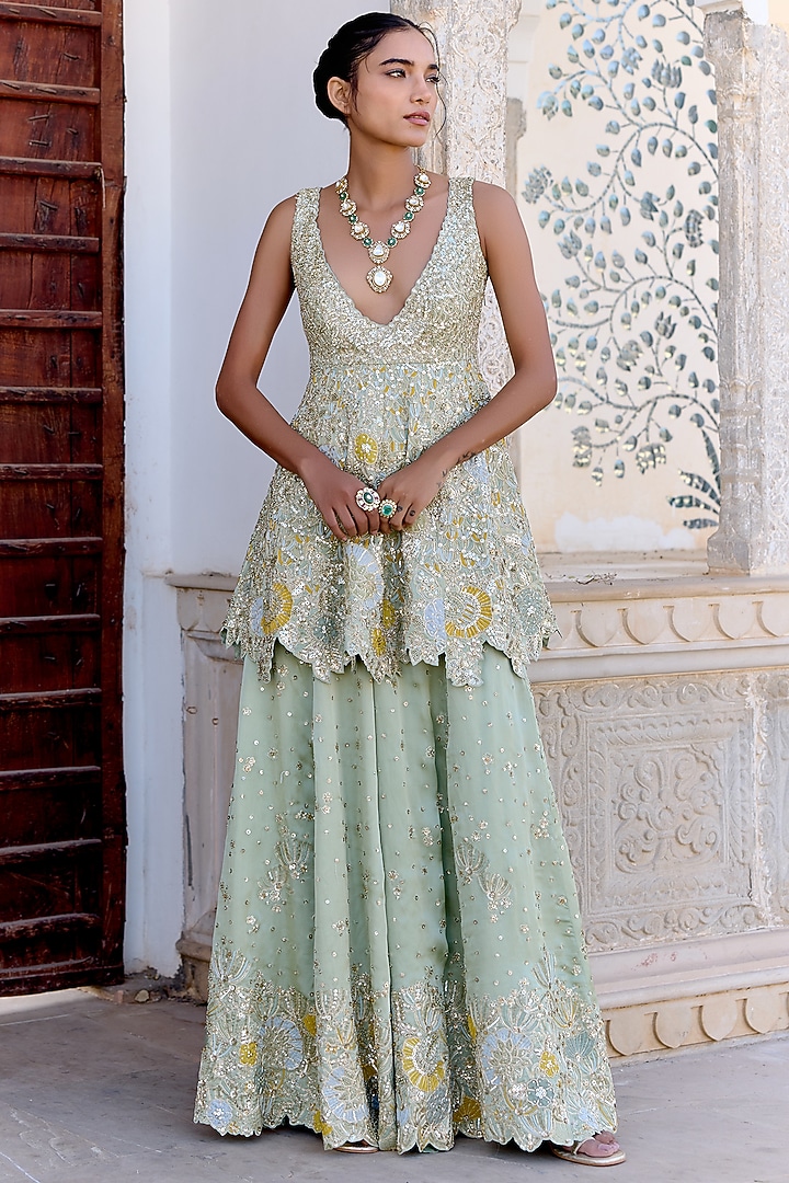 Sage Green Satin Silk Gharara Set by OSAA By Adarsh at Pernia's Pop Up Shop