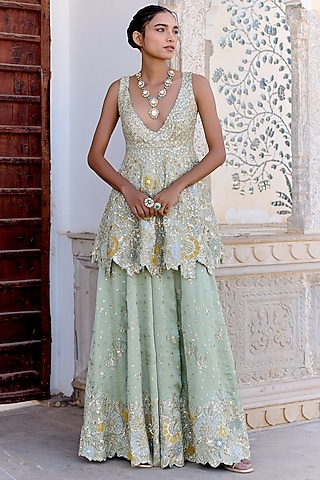 Sage Green Satin Silk Gharara Set by OSAA By Adarsh