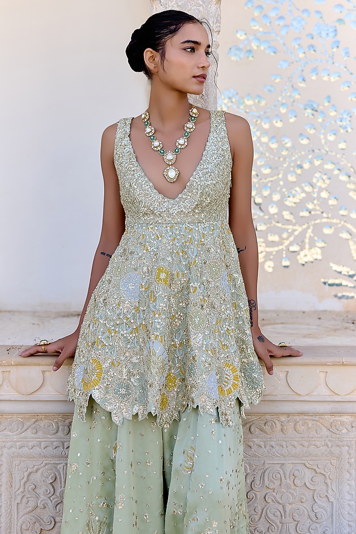 Sage Green Satin Silk Gharara Set by OSAA By Adarsh at Pernia's Pop Up Shop