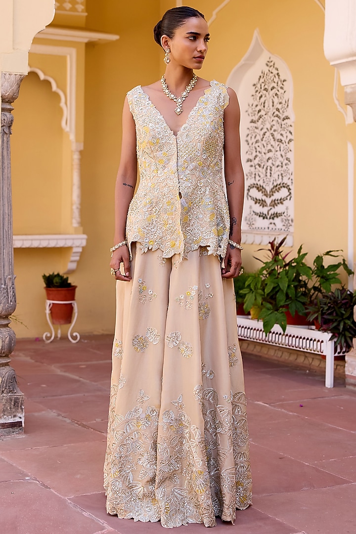 Beige Tissue Silk Zardosi Hand Embroidered Gharara Set by OSAA By Adarsh at Pernia's Pop Up Shop