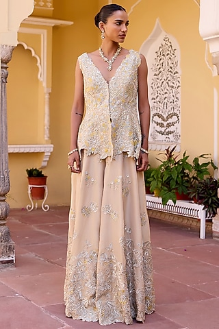 Beige Tissue Silk Zardosi Hand Embroidered Gharara Set by OSAA By Adarsh