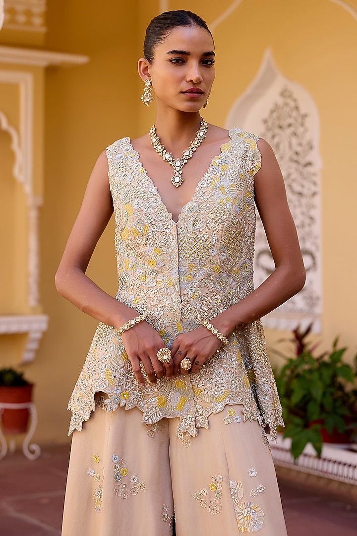Beige Tissue Silk Zardosi Hand Embroidered Gharara Set by OSAA By Adarsh at Pernia's Pop Up Shop