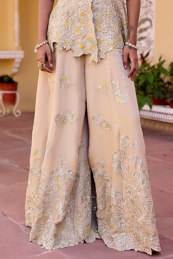 Beige Tissue Silk Zardosi Hand Embroidered Gharara Set by OSAA By Adarsh at Pernia's Pop Up Shop
