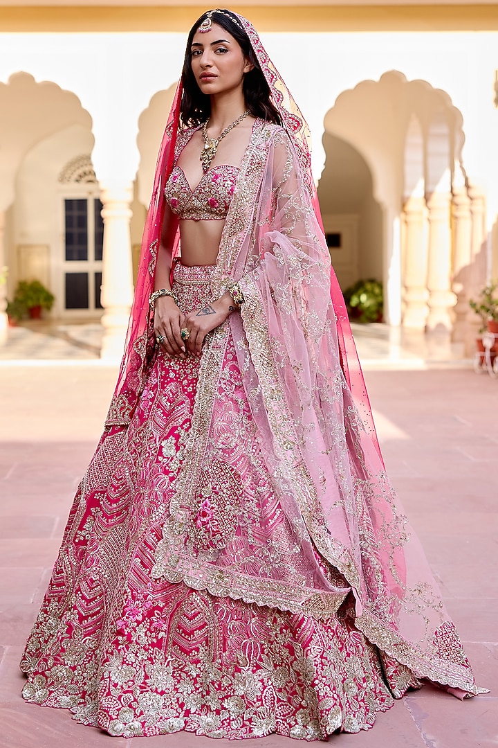 Fuchsia Pink Mulberry Silk Zardosi Hand Embroidered Bridal Lehenga Set by OSAA By Adarsh at Pernia's Pop Up Shop