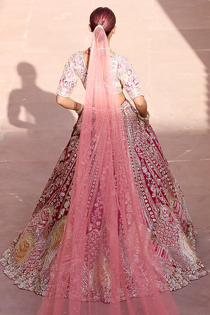 Fuchsia Pink Mulberry Silk Zardosi Hand Embroidered Bridal Lehenga Set by OSAA By Adarsh at Pernia's Pop Up Shop
