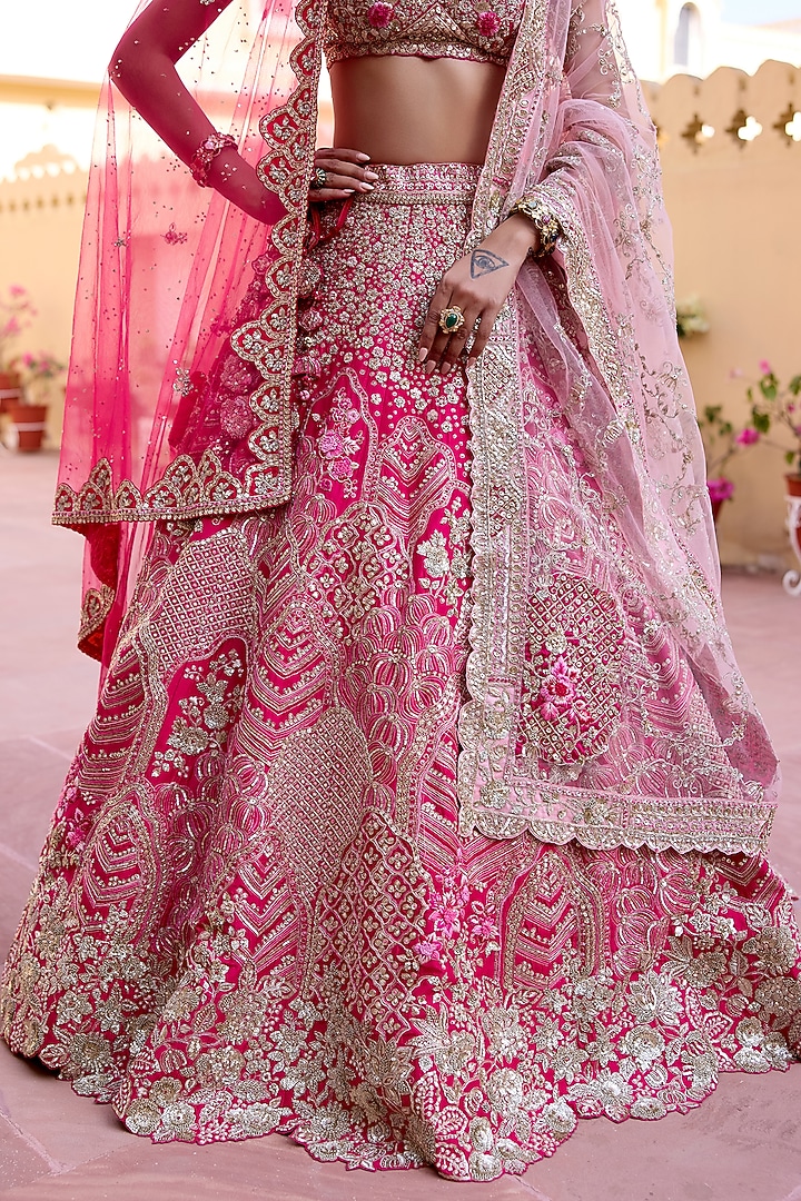 Fuchsia Pink Mulberry Silk Zardosi Hand Embroidered Bridal Lehenga Set by OSAA By Adarsh at Pernia's Pop Up Shop