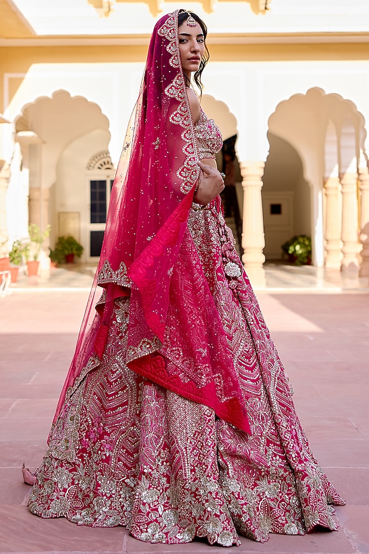 Fuchsia Pink Mulberry Silk Zardosi Hand Embroidered Bridal Lehenga Set by OSAA By Adarsh at Pernia's Pop Up Shop