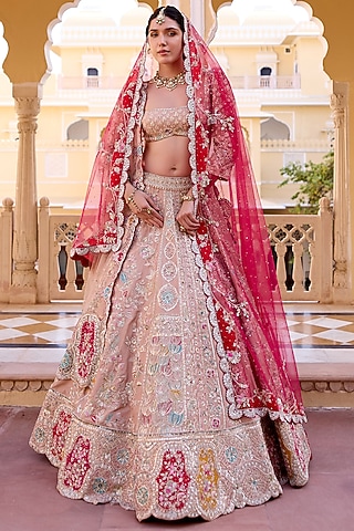 Caramel Taupe Mulberry Silk Zardosi Hand Embroidered Lehenga Set by OSAA By Adarsh