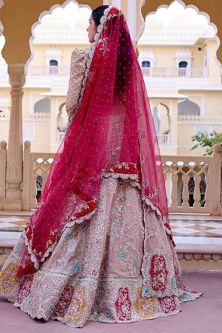 Caramel Taupe Mulberry Silk Zardosi Hand Embroidered Bridal Lehenga Set by OSAA By Adarsh at Pernia's Pop Up Shop