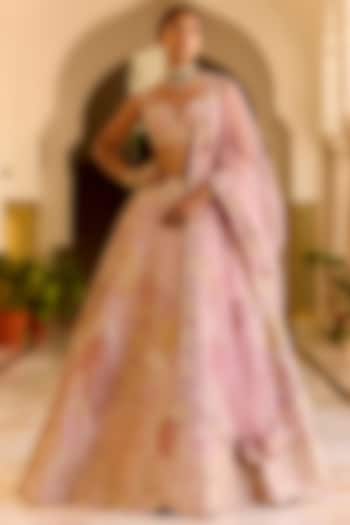 Rosaline Pink Raw Silk Zardosi Hand Embroidered Bridal Lehenga Set by OSAA By Adarsh at Pernia's Pop Up Shop