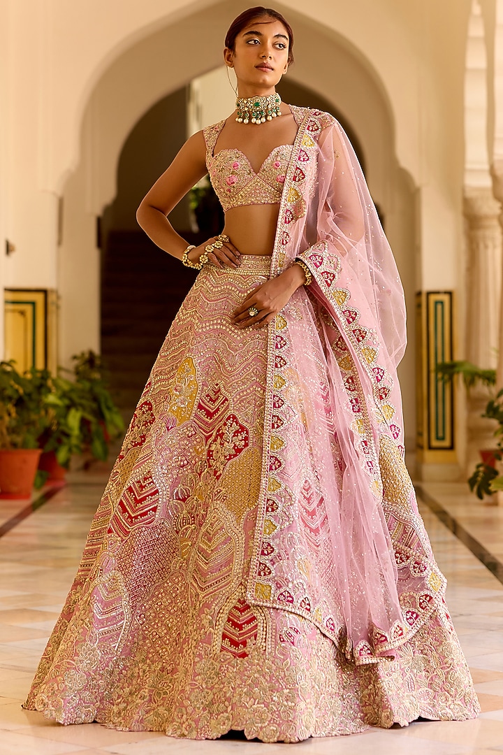 Rosaline Pink Raw Silk Zardosi Hand Embroidered Bridal Lehenga Set by OSAA By Adarsh at Pernia's Pop Up Shop