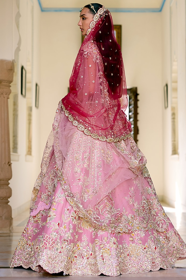 Rosaline Pink Mulberry Silk Zardosi Hand Embroidered Bridal Lehenga Set by OSAA By Adarsh at Pernia's Pop Up Shop