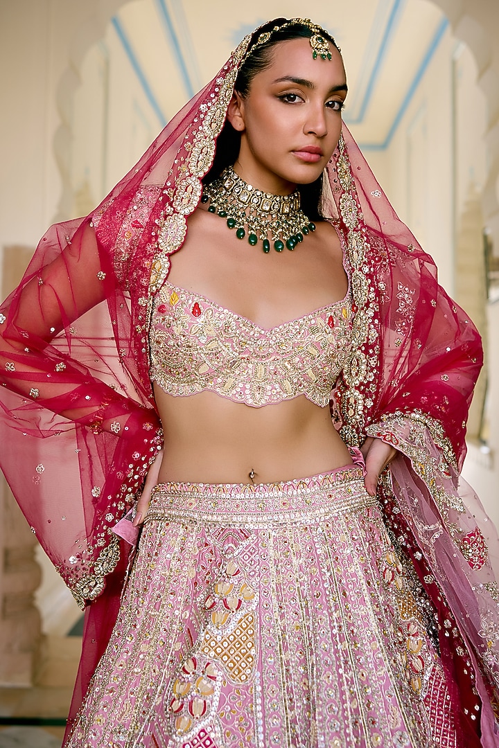 Rosaline Pink Mulberry Silk Zardosi Hand Embroidered Bridal Lehenga Set by OSAA By Adarsh at Pernia's Pop Up Shop